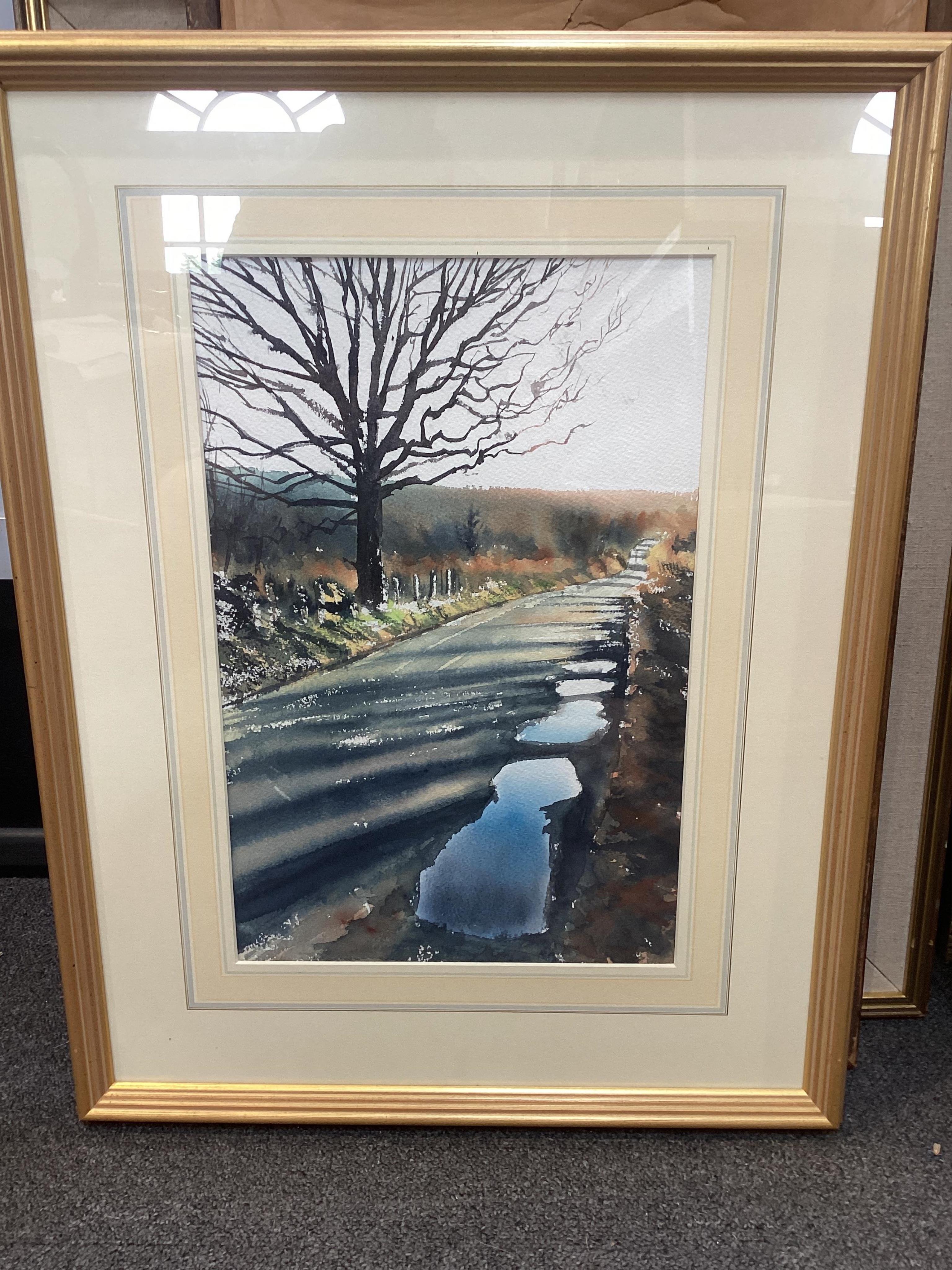 Joe Francis Dowden, watercolour, 'Puddles! - Really the Road to Somewhere in Surrey / Sussex', 39 x 29cm. Condition - good